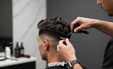 High-end photography of a professional barber performing a precision fade haircut in a sophisticated Guayaquil studio. The interior features white marble and dark grey accents, with soft lighting highlighting the artistry of the process. South American / Ecuadorian setting.