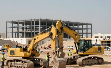A wide-angle photography shot of an infrastructure development project in Jubail, Saudi Arabia. Workers in safety gear are visible near large earthmoving equipment on a dusty, sunlit construction site. The background shows the rising steel frame of a commercial building against a pale blue sky. Professional and reliable atmosphere.