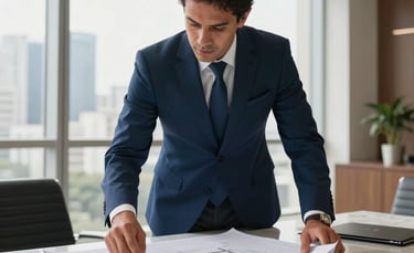 A professional South American businessman in a tailored deep blue suit reviewing architectural blueprints and financial documents on a sleek marble table in a bright, modern office in São Paulo. Soft natural sunlight filtering through large windows.