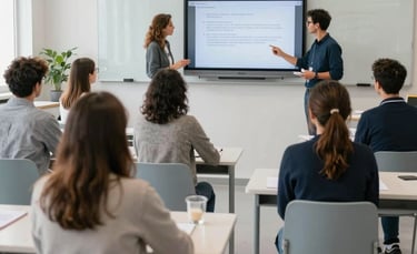 A professional educational workshop in a modern European Portuguese classroom. A group of adults is engaged in a session with a instructor standing by a digital screen. The room is filled with bright natural light, featuring furniture in light grey-blue and off-white tones.