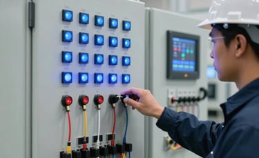 A professional North American industrial setting featuring a high-tech automation control panel with blue LED indicators and organized wiring. A technician in a hard hat is visible from the side, symbolizing precision and industrial expertise. Bright, modern lighting.