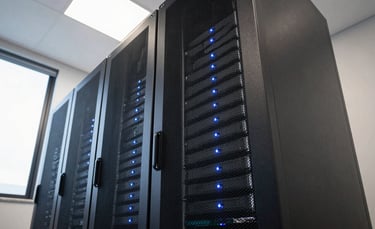 A clean, modern server room in a South American / Brazilian office. Low-angle shot of sleek server racks with subtle blue glowing lights, emphasizing high technology and professional infrastructure. Natural lighting from a side window, professional photography style.