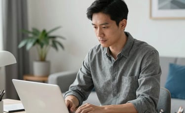 A focused adult in a bright, modern North American home office looking at a laptop screen. The scene is clean and organized with light gray and blue accents in the decor, using professional natural lighting for a trustworthy feel.