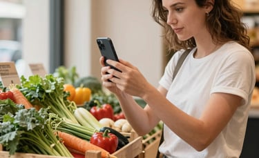 A professional digital marketer in a European / Spanish setting using a smartphone to capture high-quality photos of a rustic wooden crate filled with fresh local vegetables in a bright, modern market. Warm, natural lighting, elegant and approachable atmosphere.