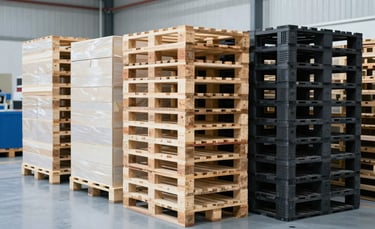 A wide-angle photography shot of a professional North American manufacturing facility with neatly organized stacks of new wooden and high-grade black plastic pallets. The setting is clean, brightly lit with natural light, featuring a palette of off-white and muted blue tones.