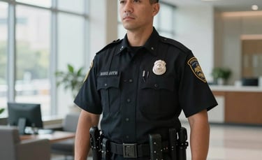 A professional security guard in a crisp black uniform with a visible badge, standing in a bright, modern corporate office lobby in the Dallas-Fort Worth area, North American / US. The lighting is clean and professional, emphasizing a sense of security and trust. Shallow depth of field with office windows in the background.