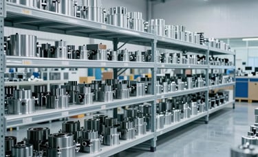 A sophisticated wide-angle shot of a clean, high-tech industrial warehouse with shelves of precision-engineered metal components. The lighting is bright and professional with a cool blue and white palette, reflecting a global professional standard of organization and safety.