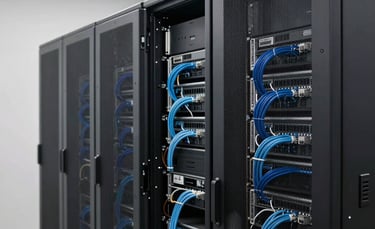 Professional photography of a modern server room setup in a South American corporate office. The composition shows clean, organized cabling in light blue and navy tones, with soft, efficient LED lighting against off-white walls. High-tech, minimalist atmosphere.