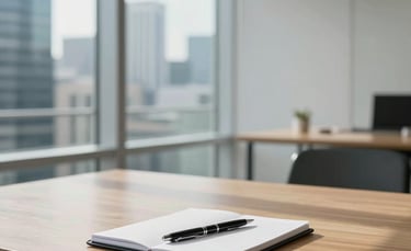 Photography of a modern minimalist office interior in a major Oceania / Australian city. A polished timber table with a professional notepad and a sleek pen. Soft natural morning light streaming through large windows. Professional, clean, and sophisticated style using soft white and mist blue tones.