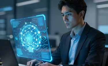 A high-end, futuristic office setting in a South American / Brazilian metropolitan center where a professional developer is working with a glowing blue holographic interface representing artificial intelligence nodes and neural networks. Elegant lighting with dark blue and cyan tones, professional photography style.