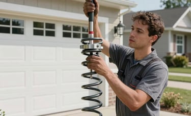 A professional repair technician in a North American suburban driveway working on a garage door torsion spring. High-quality photography, clear daylight, focused on mechanical repair.
