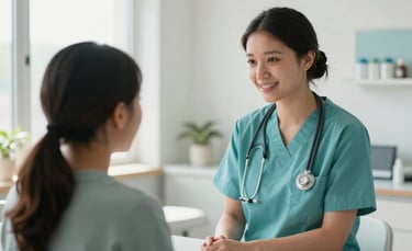 Candid photography of a professional healthcare assistant in a bright North American clinic, interacting compassionately with a patient, soft morning light, clean white and teal interior.