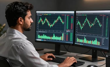 A professional South Asian / Indian male trader sitting at a sleek desk with dual monitors displaying green candlestick charts in a modern, moody dark grey room with subtle golden lighting.