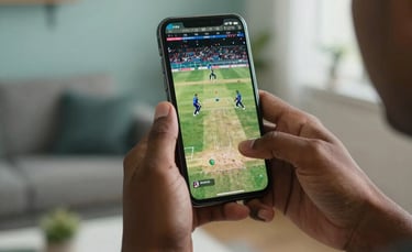 Close-up photography of a South Asian person's hand holding a high-end smartphone displaying live cricket action, set in a modern living room with soft muted teal and white lighting, shallow depth of field.