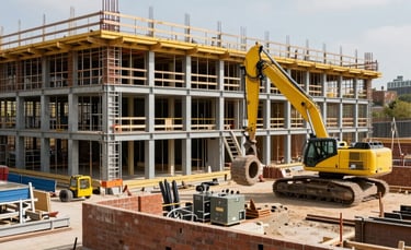 A wide-angle professional photograph of a modern residential construction site in London, showing steel structures and brickwork under a bright sky, featuring vibrant construction yellow accents on equipment, Northern European / British setting.