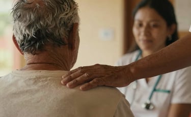 A photography shot in a South American health center showing a volunteer's hand gently resting on an elderly patient's shoulder. The lighting is soft and golden.