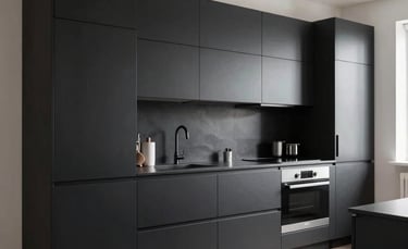 A high-end modern kitchen in a Northern European home with cabinets professionally wrapped in a sleek matte black foil. The composition is clean and minimalistic with soft natural light hitting the smooth surfaces, emphasizing the high-quality finish.
