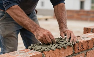 A sharp, eye-level photograph of a skilled mason's hands laying a traditional brick wall in a residential area of Portugal. The mortar is expertly applied. Soft morning light reveals the texture of the materials. Professional, reliable mood with navy and silver color tones.
