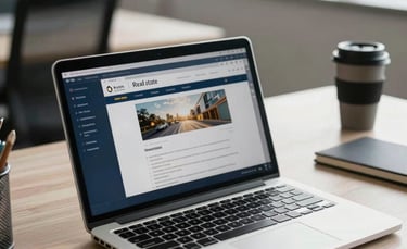 Photography of a modern North American office desk with a clean laptop displaying digital real estate documents, bathed in natural light, conveying professional efficiency. Accents of dark blue and subtle gold.