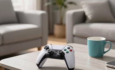 Photography of a bright North American living room with a sleek modern gaming controller sitting on a light gray wooden coffee table next to a teal ceramic mug. The atmosphere is clean and inviting with soft morning sunlight.