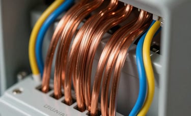 Macro photography of perfectly organized copper wiring within a modern electrical panel, showcasing clean lines and precision, bright electric blue and yellow wire insulation, professional studio lighting, North American / US (Florida) standards.