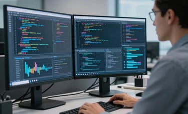 A sleek, professional North American office environment where a specialist is monitoring high-resolution screens displaying complex data visualizations and code. The scene is illuminated with modern slate blue and sky blue ambient lighting, emphasizing cutting-edge technology and precision.