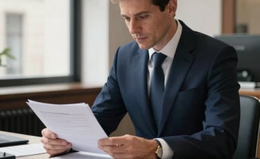 A professional financial advisor in a sophisticated London office, wearing a deep navy suit, looking at documents on a clean desk. The lighting is bright and natural, reflecting a trustworthy British financial services atmosphere.
