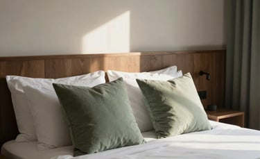 A sophisticated hotel room interior in Anatolia with a minimalist aesthetic. Soft morning light illuminates high-quality linens, sage green pillows, and simple dark wood furniture. Professional architectural photography style.