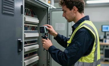 Professional engineering audit in a modern industrial facility in Spain. An engineer in a reflective vest uses a high-precision measuring device to analyze electrical panels. Professional lighting, deep navy and carbon gray tones, high-tech atmosphere.