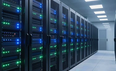 A professional photography shot of a modern, clean data center in Pune, India. High-tech server racks with glowing blue and green status lights line a sleek corridor. The atmosphere is professional and secure with cool blue ambient lighting, reflecting cutting-edge technology and reliability.