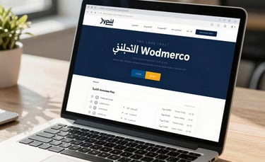 Clean, modern workspace in a Middle Eastern office setting, focusing on a laptop screen showing a high-performance WooCommerce checkout page with Arabic text. Natural sunlight, digital sophistication, Navy and Off-white color palette.