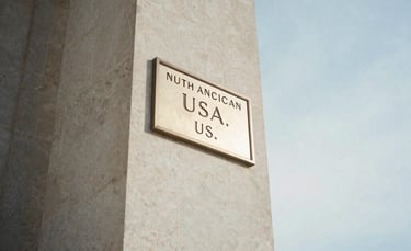 A low-angle shot of a grand stone pillar outside a US courthouse, signifying strength and justice, with a clear sky and soft shadows, North American / US.