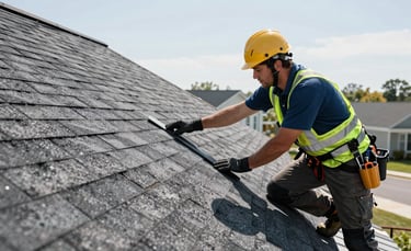 Photography of a professional roofer in North American / US safety gear inspecting charcoal gray asphalt shingles on a suburban roof under bright daylight. Clean and modern aesthetic with deep blue-gray and light gray accents.