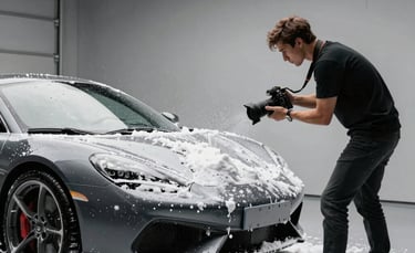 A cinematic wide-angle shot of a male influencer in a high-end garage, holding a professional camera while filming a thick layer of snow foam sliding off a charcoal grey sports car. Natural high-contrast lighting, sleek environment, international/global style.