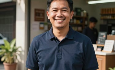A professional and clean photograph of a friendly Southeast Asian / Malaysian small business owner smiling outside their shop in a local neighborhood, warm natural sunlight, professional photography style.