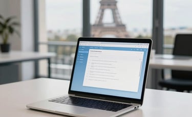 A high-end, bright office in Paris with a focus on a minimalist desk. A sleek laptop displays a clean interface with Very Light Blue and Off White accents. Soft natural light from a large window, creating a professional European atmosphere.
