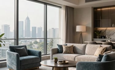 A photography of a sophisticated luxury apartment interior in Gurugram, featuring modern furniture in slate blue and light gray, floor-to-ceiling windows showing a skyline view, South Asian / Indian decor accents, soft natural morning light, highly professional and elegant atmosphere.