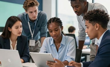A professional collaborative workspace in Gaborone, Botswana. Diverse young professionals are gathered around a tablet in a bright, modern office with dark blue and mint green accents. The lighting is clean and natural, reflecting a sense of innovation and professional trust.