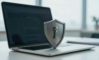 A close-up of a modern workstation in a South American corporate office, featuring a professional laptop and a symbolic physical shield, conveying data security. Clean, minimalist composition with soft morning light, incorporating dark greenish blue and light blue tones.