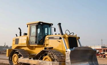 A wide-angle professional shot of a modern yellow bulldozer on a clean North American / US construction site. The lighting is crisp morning sun, highlighting the metallic textures. The color palette features steel blue and off-white skies in the background.
