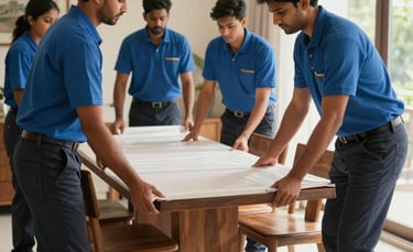 A group of professional movers in blue and charcoal uniforms carefully wrapping a wooden dining table in a bright South Asian home. The lighting is warm and natural, conveying a sense of care and trust.