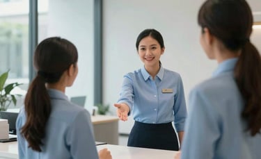 A professional South East Asian / Indonesian office receptionist in a neat uniform greeting people in a modern, brightly lit corporate lobby with glass walls and minimalist furniture. The color scheme features soft blues and whites, creating a trustworthy and professional atmosphere.