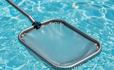 Close-up of a professional pool skimmer net gliding through crystal clear blue water, sunny day, North American / South Florida residential pool, bright lighting, clean aesthetic.