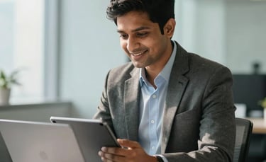 A professional South Asian financial consultant in a modern, sunlit office in Mumbai, sitting at a clean desk with a laptop, looking at a tablet with a focused and helpful expression. The background features soft architectural lines and light blue and white interior tones.