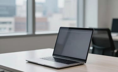 A professional workspace in a North American corporate office featuring a sleek, thin laptop on a polished white oak desk, with natural window light illuminating a clean and minimalist environment. The background shows a soft-focus urban skyline through glass panes.
