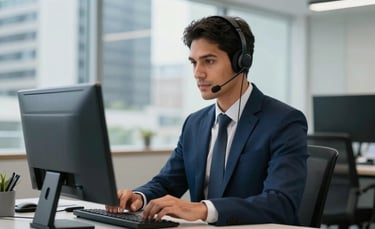 Photography of a modern and clean office environment in a South American Brazilian business district. A professional attendant is focused, wearing a high-quality headset, in a workspace featuring a palette of dark blue and light grey. The lighting is bright and professional, suggesting efficiency.