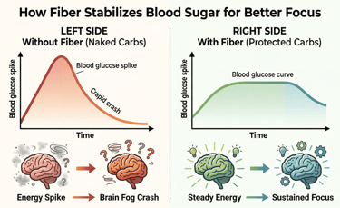 Blood sugar spike from refined carbs vs stable glucose curve with fiber