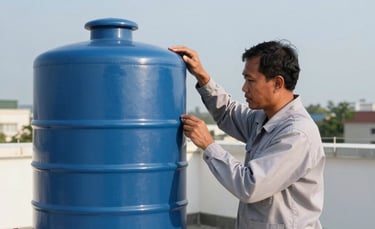 A professional Southeast Asian / Indonesian technician wearing a light gray uniform while inspecting a blue domestic water tank on a sunny rooftop. The composition is a medium shot with a clear sky in the background, conveying reliability. Natural daylight with soft white and steel blue tones.