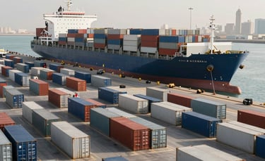Wide-angle photography of a bustling commercial port in Ajman, Middle Eastern / Gulf setting, massive cargo ships, neat rows of steel containers, bright morning light, professional and authoritative atmosphere, utilizing light gray and deep blue tones.
