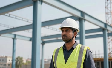 A professional wide shot of a South Asian construction worker in high-visibility gear and a white hard hat on a modern urban construction site in Belgrade, Serbia. Daylight illuminates the scene, highlighting clean Steel Blue and Silver tones of the architectural framework. Eastern European / Balkan, with South Asian / Southeast Asian focus.